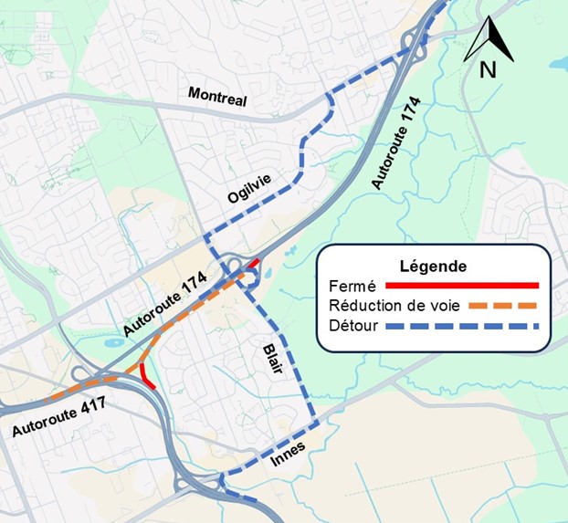 L'image représente une carte sur laquelle l'autoroute est représentée en jaune. La fermeture décrite ci-dessus est représentée par une ligne rouge. La déviation décrite ci-dessous est représentée par une ligne bleue en pointillés.