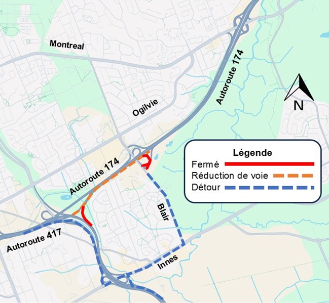 L'image représente une carte sur laquelle l'autoroute est représentée en jaune. La fermeture décrite ci-dessus est représentée par une ligne rouge. La déviation décrite ci-dessous est représentée par une ligne bleue en pointillés.