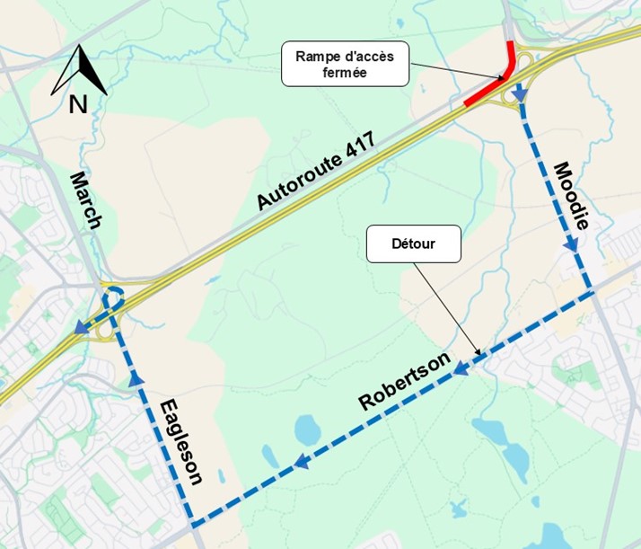L'image représente une carte sur laquelle l'autoroute est représentée en jaune. La fermeture décrite ci-dessus est représentée par une ligne rouge. La déviation décrite ci-dessous est représentée par une ligne bleue en pointillés.