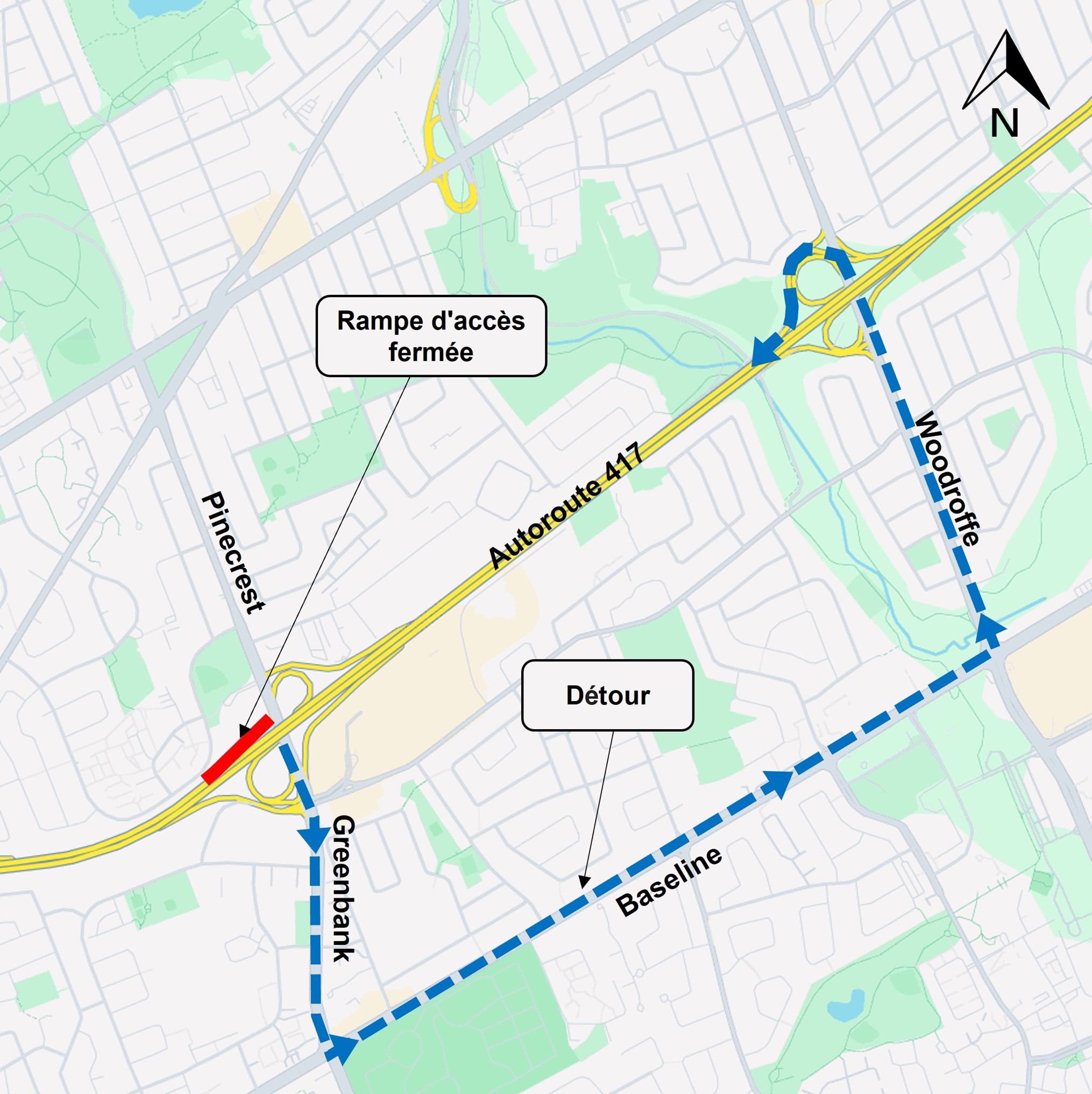 Bretelle d’accès à l’autoroute 417 en direction ouest depuis le chemin Pinecrest en direction sud