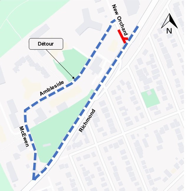 L'image représente une carte sur laquelle l'autoroute est représentée en jaune. La fermeture décrite ci-dessus est représentée par une ligne rouge. La déviation décrite ci-dessous est représentée par une ligne bleue en pointillés.