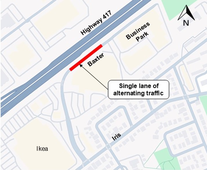 The image is of a map with the highway shown in yellow. the closure as described above is shown as a red line. the detour described below is shown as a blue dashed line.