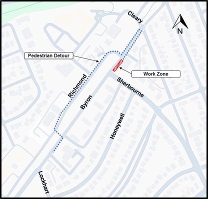 The image is of a map with the highway shown in yellow. the closure as described above is shown as a red line. the detour described below is shown as a blue dashed line.