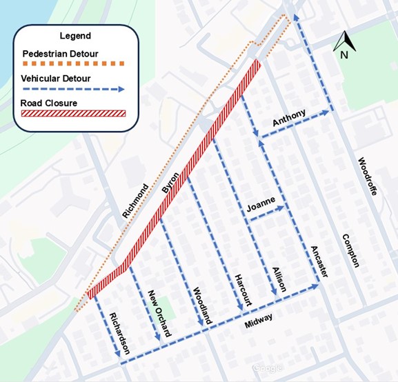The image is of a map with the highway shown in yellow. the closure as described above is shown as a red line. the detour described below is shown as a blue dashed line.
