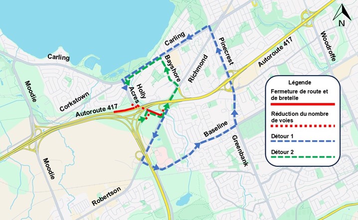 L'image représente une carte sur laquelle l'autoroute est représentée en jaune. La fermeture décrite ci-dessus est représentée par une ligne rouge. La déviation décrite ci-dessous est représentée par une ligne bleue en pointillés.
