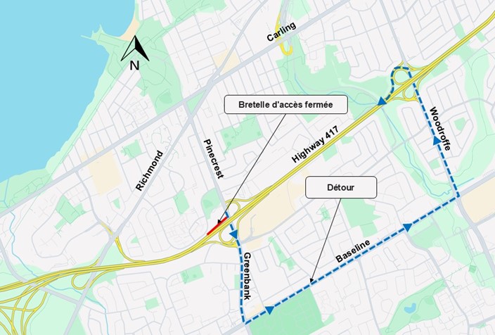 Les automobilistes souhaitant accéder à l’autoroute 417 en direction ouest depuis le chemin Pinecrest en direction sud continueront en direction sud sur le chemin Pinecrest / chemin Greenbank vers le chemin Baseline. Ils tourneront ensuite à gauche sur le chemin Baseline et continueront en direction est à l’avenue Woodroffe. Ils tourneront ensuite à gauche et continueront en direction nord pour utiliser la bretelle d’accès à l’autoroute 417 en direction ouest à la hauteur de l’avenue Woodroffe