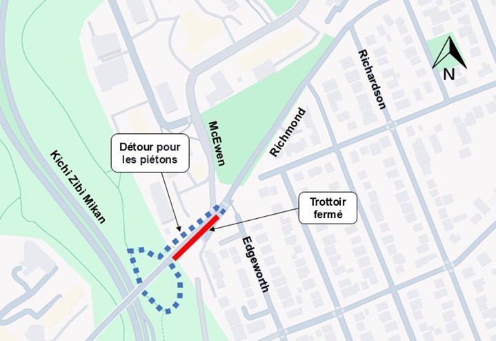 L'image représente une carte sur laquelle l'autoroute est représentée en jaune. La fermeture décrite ci-dessus est représentée par une ligne rouge. La déviation décrite ci-dessous est représentée par une ligne bleue en pointillés.