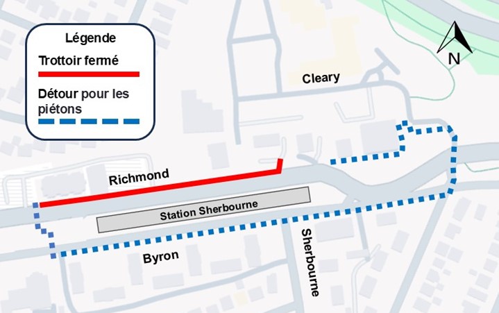 L'image représente une carte sur laquelle l'autoroute est représentée en jaune. La fermeture décrite ci-dessus est représentée par une ligne rouge. La déviation décrite ci-dessous est représentée par une ligne bleue en pointillés.