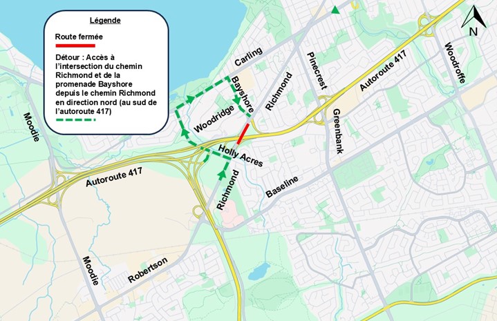 L'image représente une carte sur laquelle l'autoroute est représentée en jaune. La fermeture décrite ci-dessus est représentée par une ligne rouge. La déviation décrite ci-dessous est représentée par une ligne bleue en pointillés.