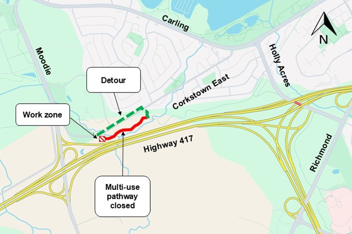 The image is of a map with the highway shown in yellow. the closure as described above is shown as a red line. the detour described below is shown as a blue dashed line.