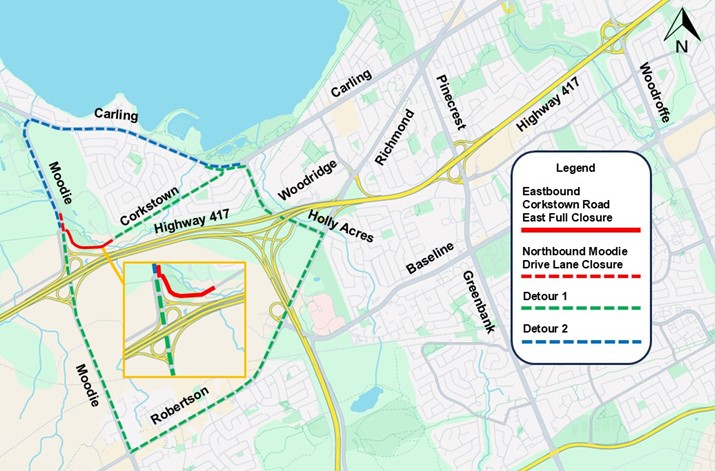 The image is of a map with the highway shown in yellow. the closure as described above is shown as a red line. the detour described below is shown as a blue dashed line.