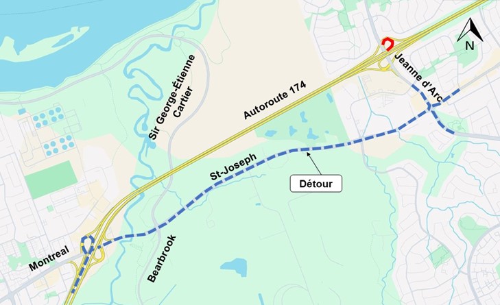 Fermeture complète de la bretelle d’accès à la route régionale 174 en direction ouest depuis le boulevard Jeanne-d’Arc en direction nord