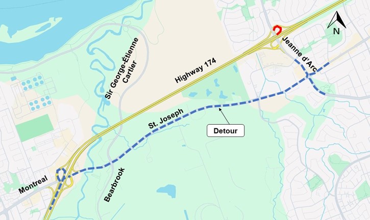Full closure of Highway 174 westbound on-ramp from northbound Jeanne d’Arc Boulevard