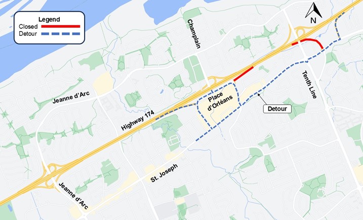Motorists travelling eastbound Highway 174 looking to access Tenth Line Road will take the Place d’Orléans off-ramp and travel south on Place d’Orléans Drive to St. Joseph Boulevard. They will turn left and travel east to Tenth Line Road. Motorists in the Place d’Orléans area can access eastbound Highway 174 by using the Highway 174 eastbound on-ramp just east of Tenth Line Road