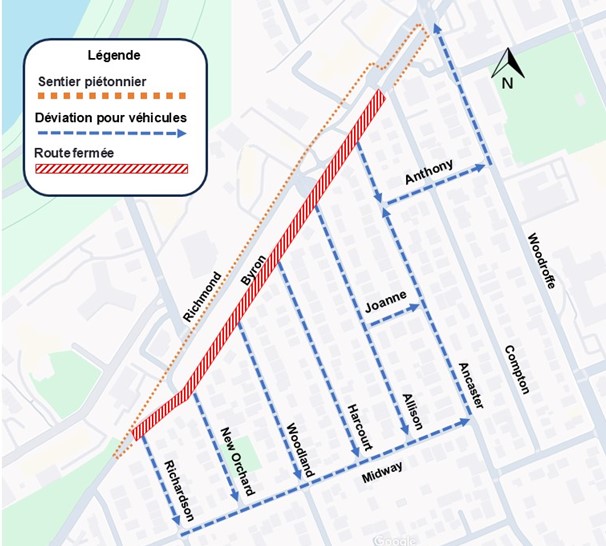 L'image représente une carte sur laquelle l'autoroute est représentée en jaune. La fermeture décrite ci-dessus est représentée par une ligne rouge. La déviation décrite ci-dessous est représentée par une ligne bleue en pointillés.