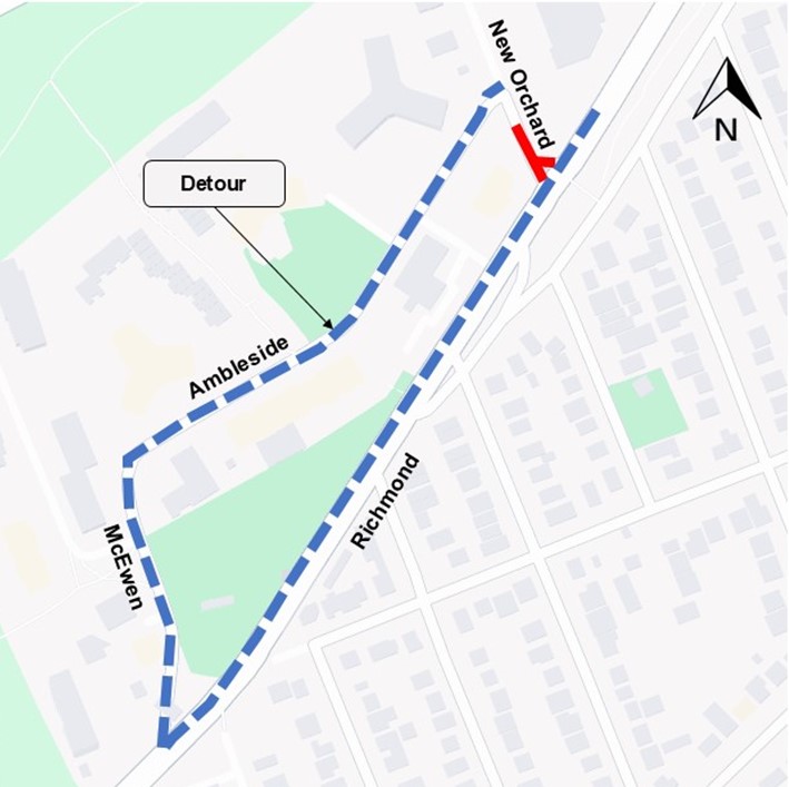The image is of a map with the highway shown in yellow. the closure as described above is shown as a red line. the detour described below is shown as a blue dashed line.