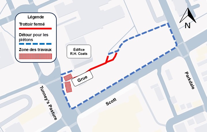 L'image représente une carte sur laquelle l'autoroute est représentée en jaune. La fermeture décrite ci-dessus est représentée par une ligne rouge. La déviation décrite ci-dessous est représentée par une ligne bleue en pointillés.