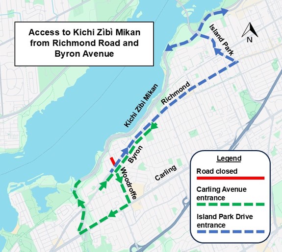The image is of a map with the highway shown in yellow. the closure as described above is shown as a red line. the detour described below is shown as a blue dashed line.