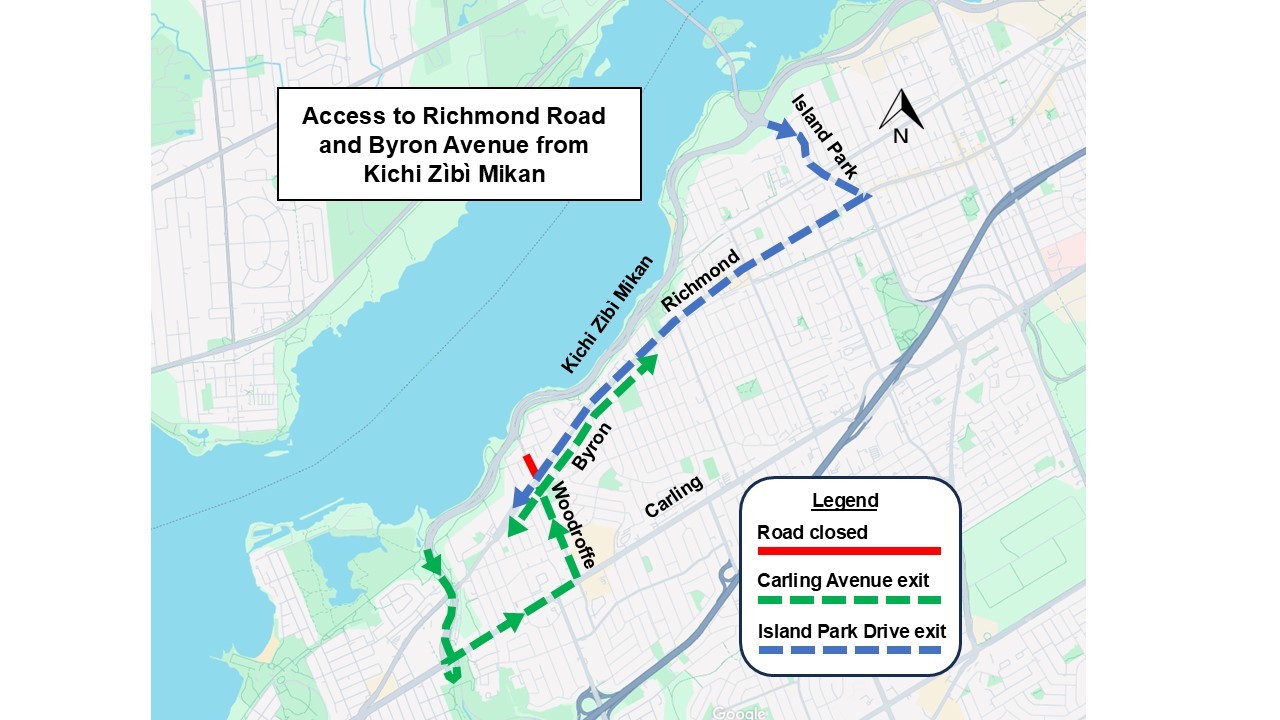 The image is of a map with the highway shown in yellow. the closure as described above is shown as a red line. the detour described below is shown as a blue dashed line.