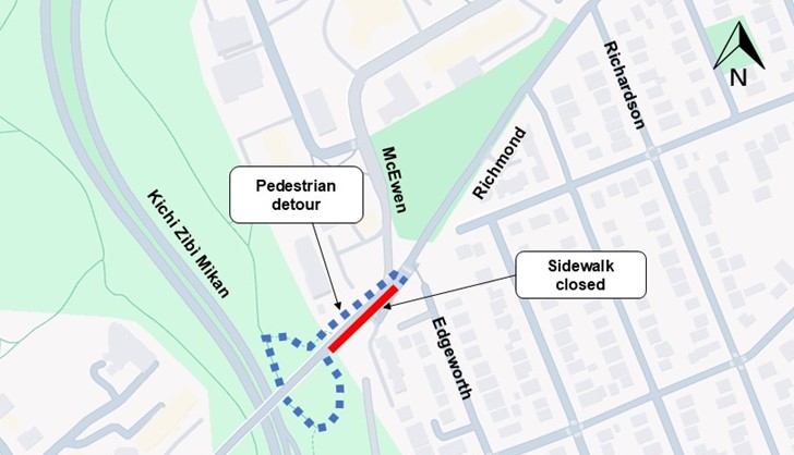 The image is of a map with the highway shown in yellow. the closure as described above is shown as a red line. the detour described below is shown as a blue dashed line.