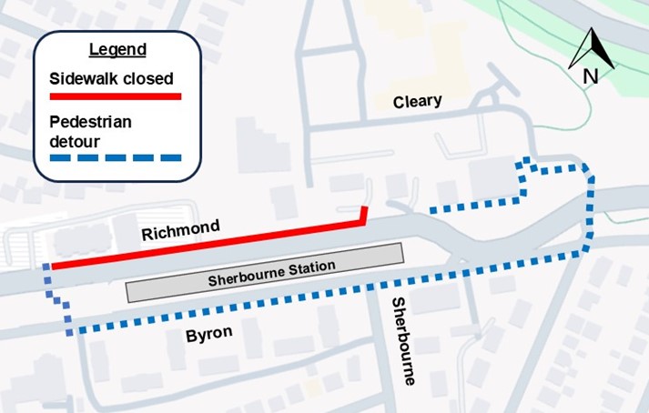 The image is of a map with the highway shown in yellow. the closure as described above is shown as a red line. the detour described below is shown as a blue dashed line.