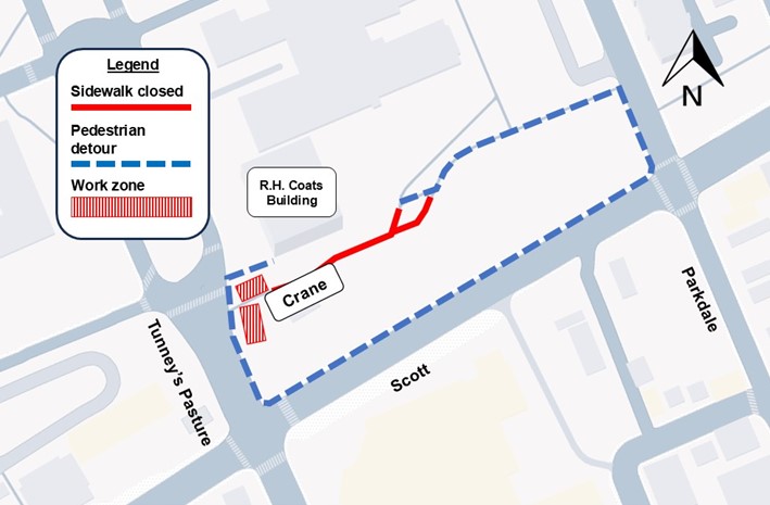 The image is of a map with the highway shown in yellow. the closure as described above is shown as a red line. the detour described below is shown as a blue dashed line.