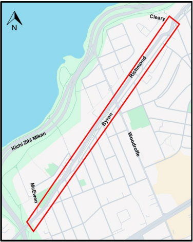 Carte grise montrant un rectangle rouge entourant la route de Richmond, de Cleary à McEwen.