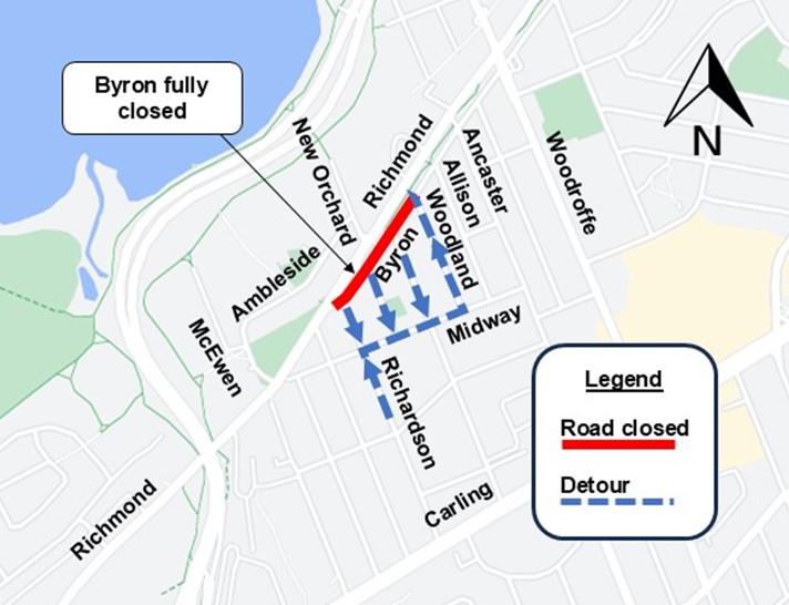The image is of a map with the closure described above shown in red. The detour described above is shown as a blue dashed line.