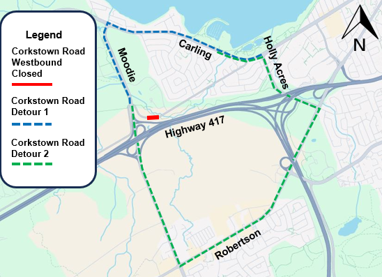 A map with the highway shown in grey. The detours (Carling to Moodie, and Robertson to Moodie) are shown in blue and green respectively. 