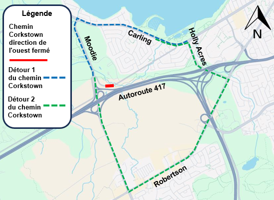 Une carte avec l'autoroute en gris. Les déviations (de Carling à Moodie et de Robertson à Moodie) sont indiquées respectivement en bleu et en vert. 