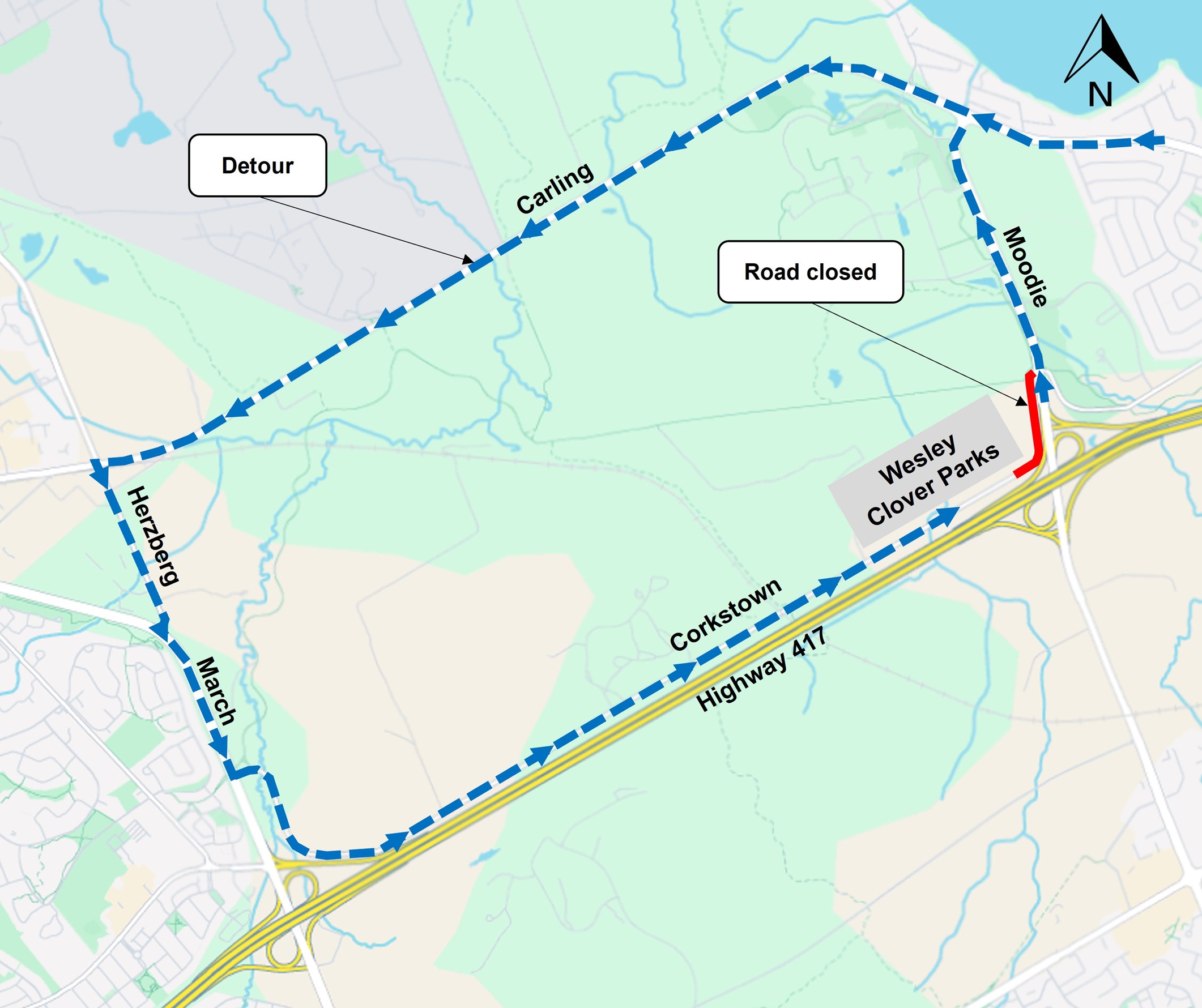 The image is of a map with the highway shown in yellow. the closure as described above is shown as a red line. the detour described below is shown as a blue dashed line.