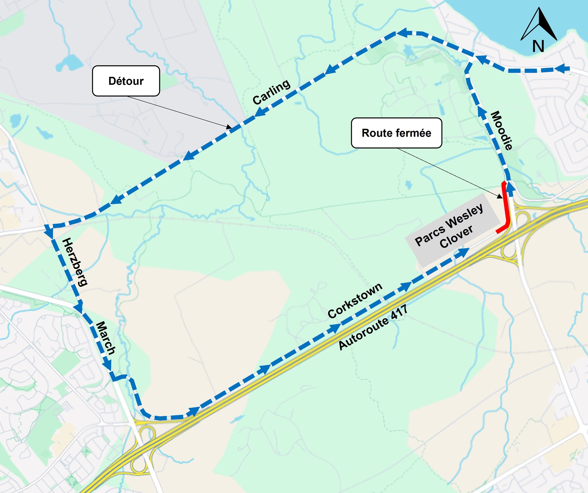 L'image représente une carte sur laquelle l'autoroute est représentée en jaune. La fermeture décrite ci-dessus est représentée par une ligne rouge. La déviation décrite ci-dessous est représentée par une ligne bleue en pointillés.
