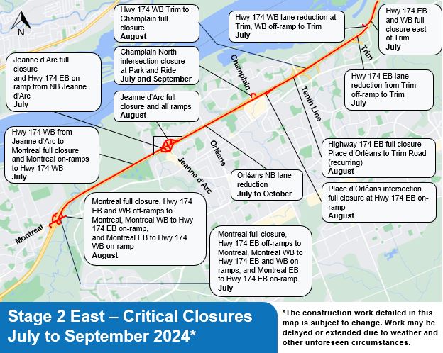 A grey map with the Highway shown in red. Critical closures coming up from July to September are shown in white text boxes. The critical closures are listed below.