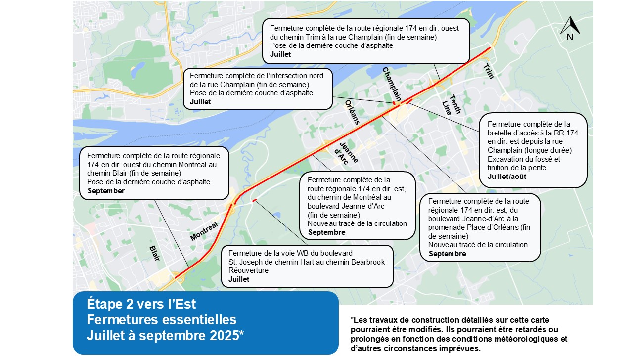 L'image est une carte, avec l'autoroute en jaune. Les fermetures décrites ci-dessous sont indiquées en rouge, avec des encadrés blancs à l'endroit de la fermeture.