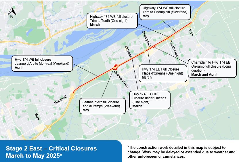 The image is of a map, with the Highway shown in yellow. The closures are shown in red and their associated descriptions, written out below, are shown in white boxes. 