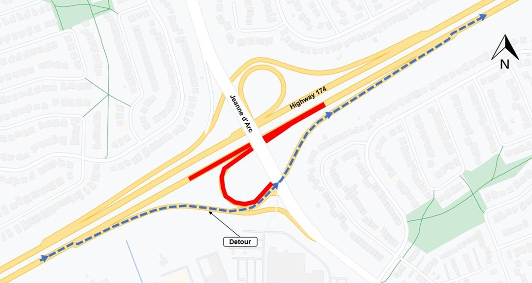 The image is of a map, with the highway shown in yellow. The closure is shown as a red line. The detour as described below is shown as a blue dashed line.