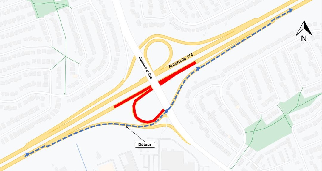 L'image représente une carte, avec l'autoroute en jaune. La fermeture est représentée par une ligne rouge. La déviation décrite ci-dessous est représentée par une ligne bleue en pointillés.