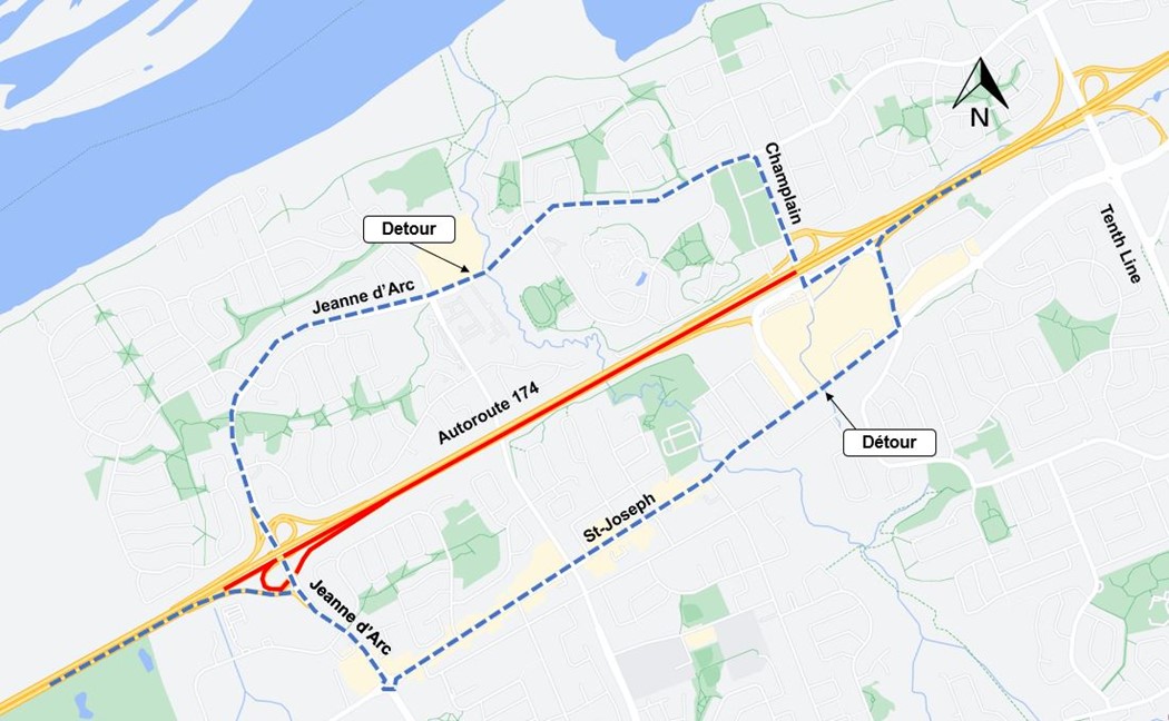Cette image est celle d'une carte, avec l'autoroute représentée en jaune. La fermeture de Jeanne d'Arc à Champlain est représentée par une ligne rouge. La déviation est représentée par une ligne bleue en pointillés. 