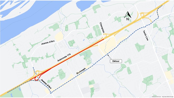L'image représente une carte sur laquelle l'autoroute est représentée en jaune. La fermeture décrite ci-dessus est représentée par une ligne rouge. La déviation décrite ci-dessous est représentée par une ligne bleue en pointillés.
