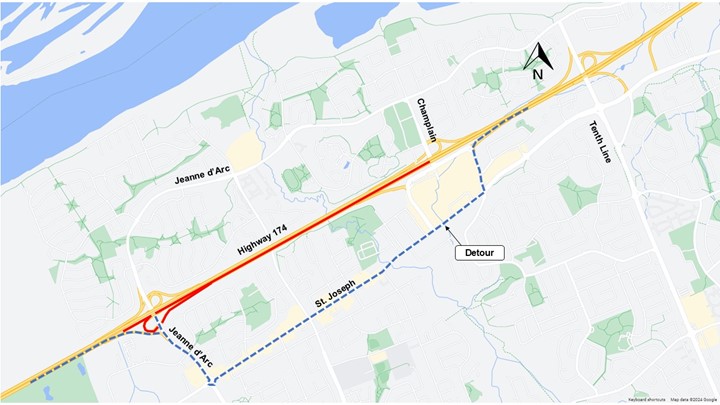 This image is of a map, with the highway shown in yellow. The closure as described above is shown with a red line. The detour as described below is shown as a blue dashed line. 