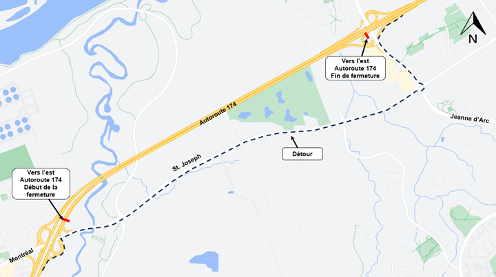 L'image représente une carte sur laquelle l'autoroute est représentée en jaune. La fermeture décrite ci-dessus est représentée par une ligne rouge. La déviation décrite ci-dessous est représentée par une ligne bleue en pointillés.