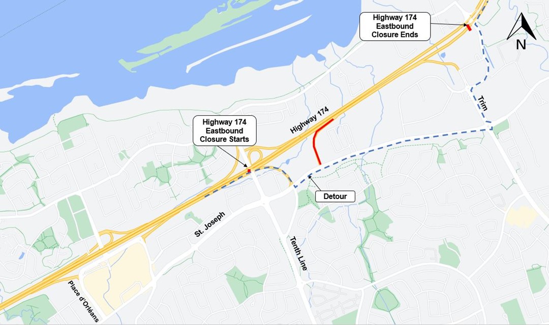 The image is of a map with the highway shown in yellow. the closures on the highway are shown in red. the detour, as described above, is shown as a blue dashed line. 