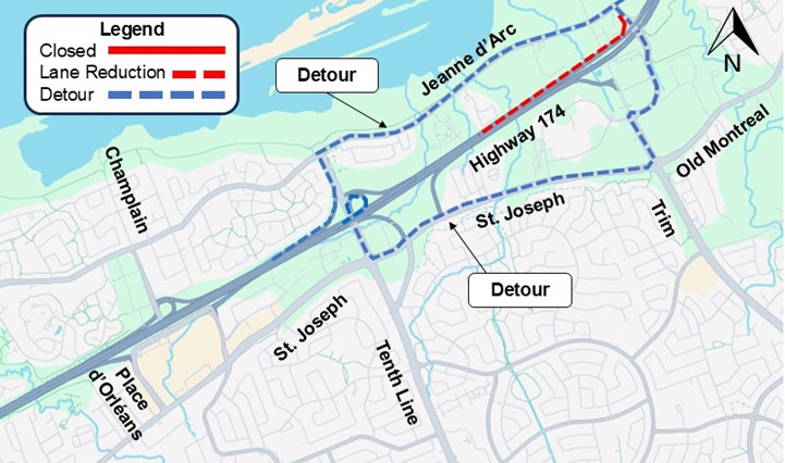  The image is of a map with the highway shown in yellow. the closure as described above is shown as a red line. the detour described below is shown as a blue dashed line.