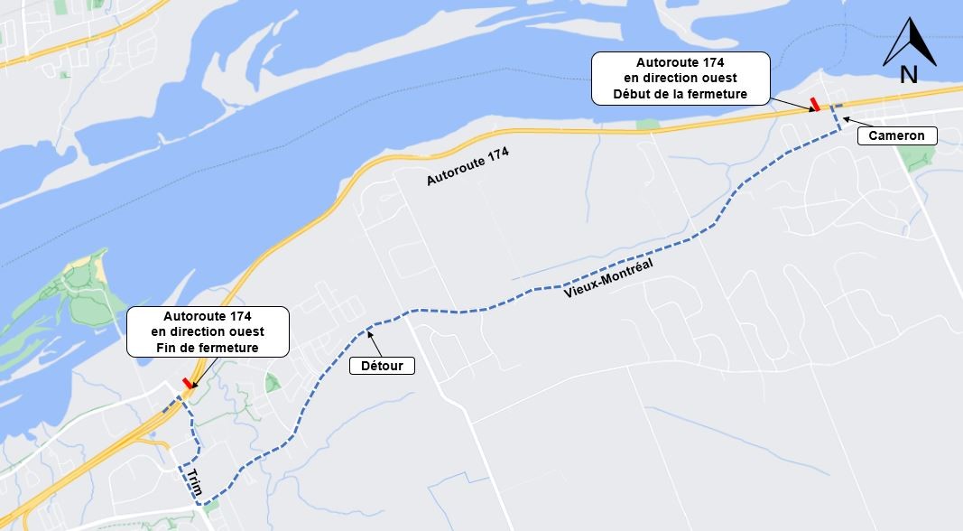 L'image représente une carte sur laquelle l'autoroute est représentée en jaune. La fermeture décrite ci-dessus est représentée par une ligne rouge. La déviation décrite ci-dessous est représentée par une ligne bleue en pointillés.