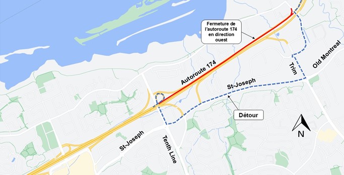 L'image représente une carte sur laquelle l'autoroute est représentée en jaune. La fermeture décrite ci-dessus est représentée par une ligne rouge. La déviation décrite ci-dessous est représentée par une ligne bleue en pointillés.