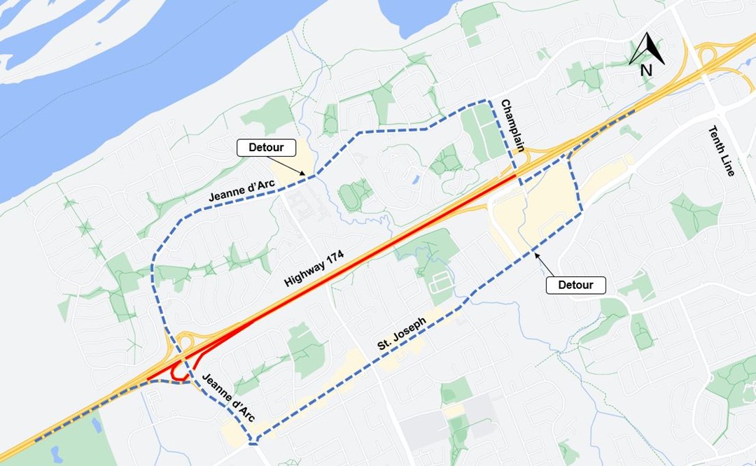 This image is of a map, with the highway shown in yellow. the closure from Jeanne d'Arc to Champlain is shown as a red line. The detour is shown as a blue dashed line. 