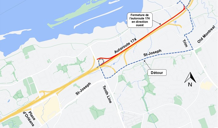 L'image représente une carte sur laquelle l'autoroute est représentée en jaune. La fermeture décrite ci-dessus est représentée par une ligne rouge. La déviation décrite ci-dessous est représentée par une ligne bleue en pointillés.