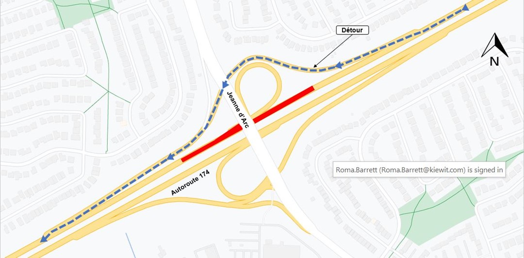 L'image représente une carte, avec l'autoroute en jaune. la fermeture de l'autoroute est indiquée en rouge. la déviation décrite plus loin dans le document est représentée par une ligne bleue en pointillés.