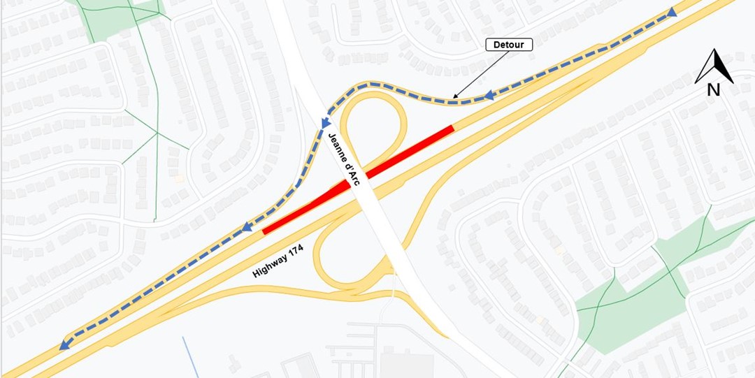 The image is of a map with the highway shown in yellow. the closure as described above is shown as a red line. the detour described below is shown as a blue dashed line.