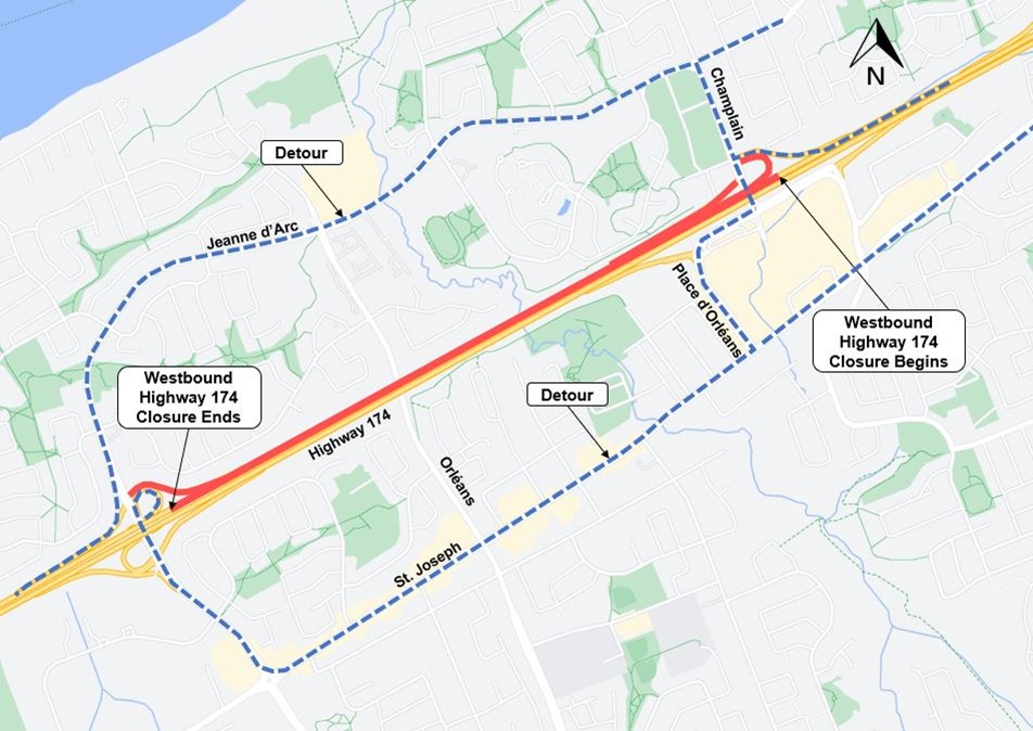 A grey map with the highway shown in yellow. The road closure is shown in red. The detour as described above is shown as a blue dashed line.